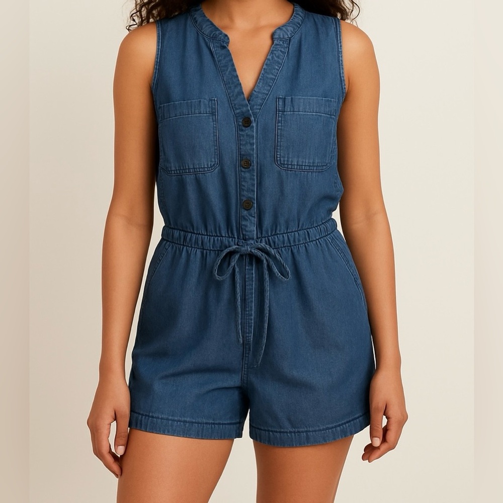 Love Fire Denim Sleeveless Button Front Romper Blue Tie Waist Size L